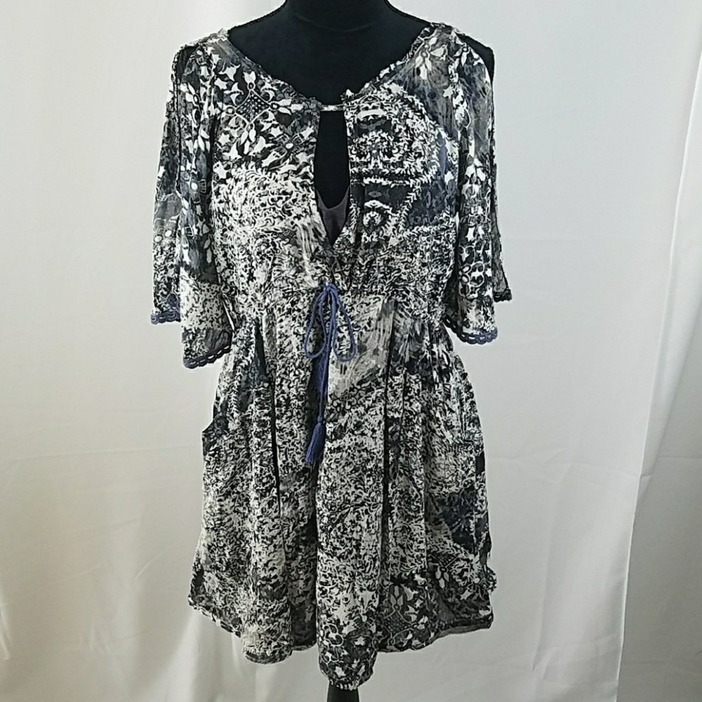 Free People women XS pocket lagenlook tunic dress cold shoulder boho keyhole